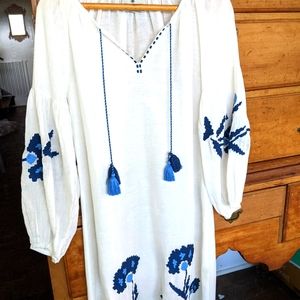 White Linen Embroidered Tunic Dress